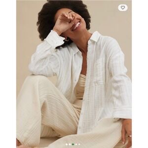 Aerie White Gold Metallic Striped Cotton Gauze Oversized Button Down Shirt L